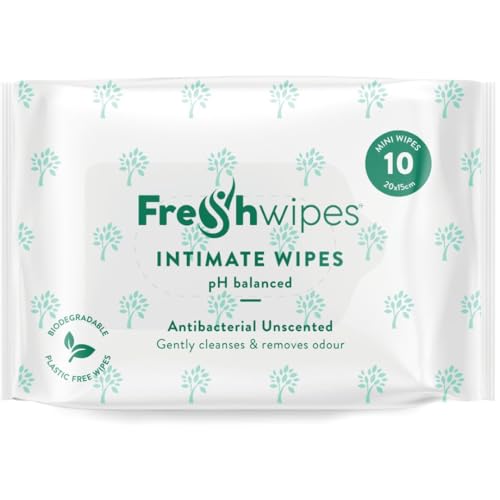 FreshWipes Unscented Intimate Hygiene Wipes 1 Pack (10 Wipes) - Antibacterial & Biodegradable Wet Wipes for Women & Men - Odour Removing & pH Balanced for Sensitive Skin - Dermatologically Tested