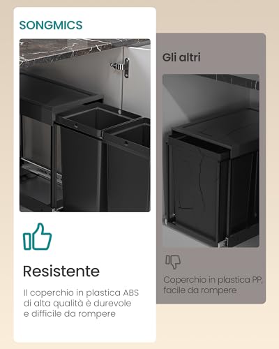 SONGMICS Pattumiera da Cucina per Raccolta Differenziata, Cestino da Incasso per Mobile, 2 x 20 L Doppio Scomparto, Estraibile, Struttura in Acciaio, Coperchio in ABS, Nero Inchiostro LTB951B01 - Immagine 5