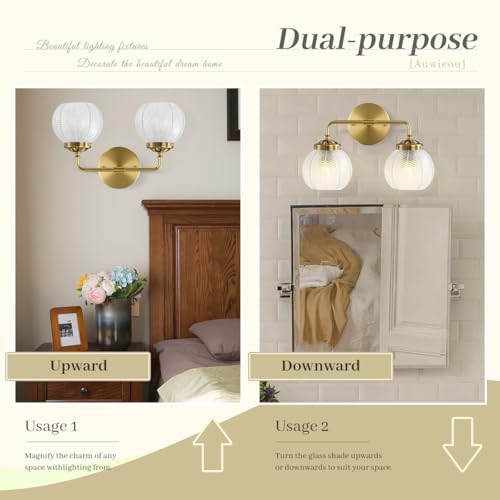 Image of Vintage Bathroom Vanity Lights Over Mirror, 2 Light Gold Wall sconces with clear Glass Shade Bathroom Light Fixture mid Century Wall Sconce Light Glass Wall Lighting for Bedroom Doorway Hallway