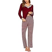 Unibelle Damen Schlafanzug Pyjama Rund-Ausschnitt mit Hose Baumwolle Lang Schlafanzughose Set Pant Zweiteiliger Anzug Nachtwäsche