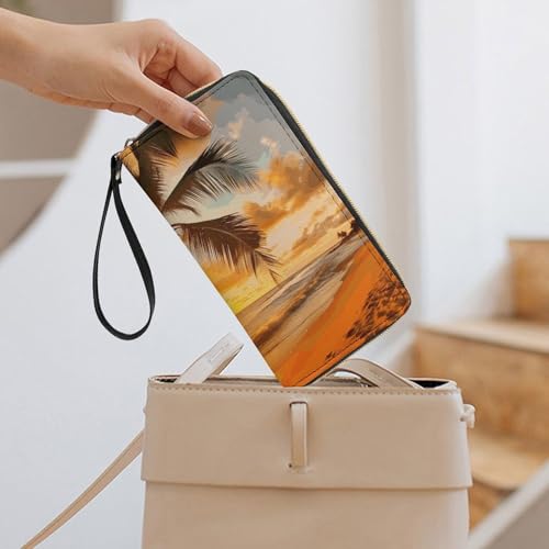 Tropical Beach Palm Tree Sunset Leather Wallet Smooth Zip Around Clutch Wristlet Travel Long Soft Purse for Women 7