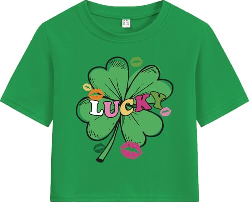 Image of Girls Crop Tops St Patricks Day T-Shirts Lucky Clover Short Sleeve Shirts Kids Shamrock Tees 5-14 Years