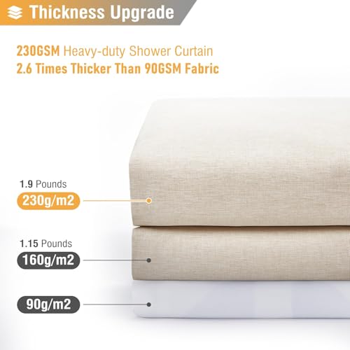 BTTN 182 x 200cm Drop Long Shower Curtain, Long Mould Proof Resistant Heavy Duty Fabric Wet room Shower Curtains, Durable and washable, Waterproof Cloth Shower Curtain Set with 12 Hooks, Cream/Beige