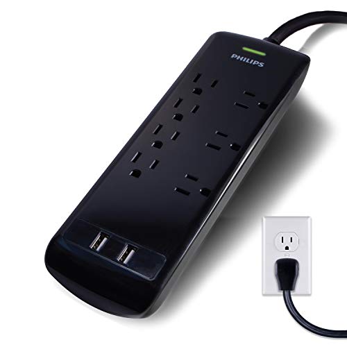 Philips 7 Outlet Power Strip Surge Protector, 2 USB Charging Ports, 4ft Power Cord, Flat Plug, Wall Mount, 1440 Joules, ETL Listed, Circuit Breaker, Automatic Shutdown, Black, SPP6270BC/37