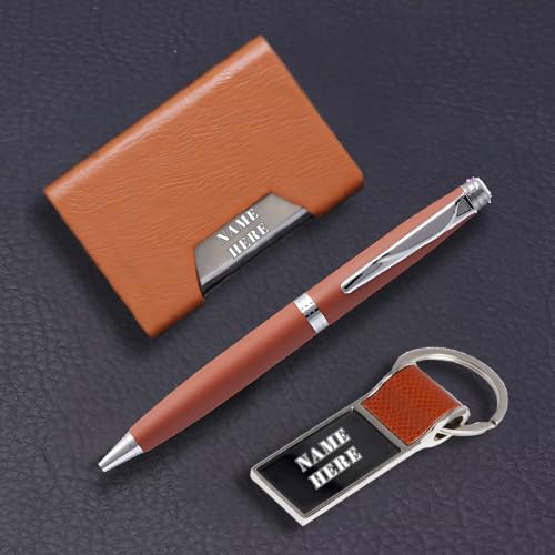 Image of 3 in 1 Personalized Pen with Keychain & Cardcase Combo Gift Set | Custom Name Engraved Leather Notebook with Metal Pen