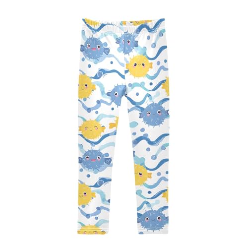 Cute Pufferfish Girls Leggings Ultra Soft Compression Yoga Gym Pants for Kids 4-10T