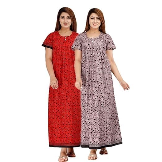 Image of OFEEFAN Cotton Nighty for Women - Pack of 2 Printed Maxi Gowns, Ankle-Length Night Dresses, Soft & Breathable Sleepwear - Free Size