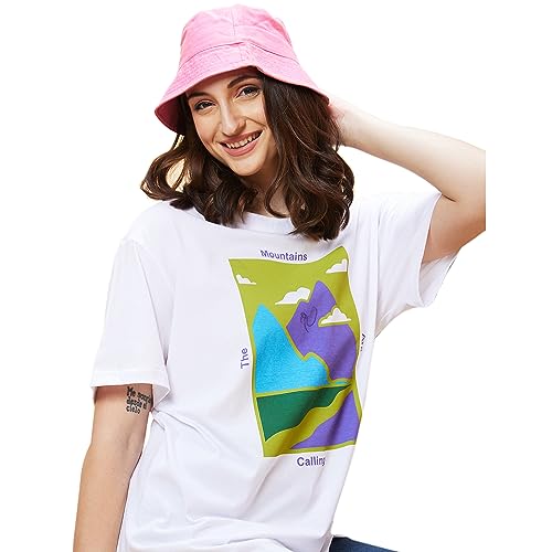 Image of Globus Women Ivory Typography Print Round Neck Oversized Casual T-Shirt-3638185004