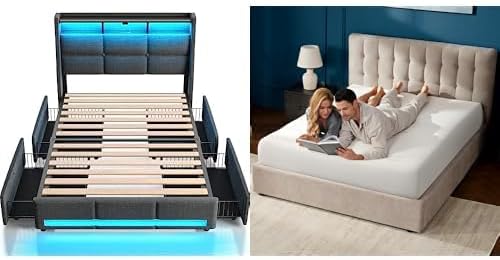 Rolanstar Bed Frame Twin Size with Charging Station, LED Bed Frame with Storage Headboard, Grey - 6 Inch Gel Memory Foam Mattress, Gel Infused, Fiberglass Free, Medium Firm Mattresses