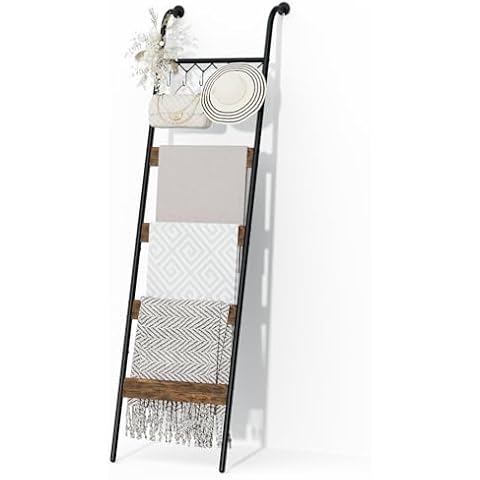 HapiRm Blanket Ladder Towel Rack - 5-Tier Blanket Rack with 6 Removable Hooks, Wall-Leaning Blanket Holder, Decorative Ladder Shelf for Living Room, Bedroom, Bathroom, Home Decor, Rustic Brown Cover