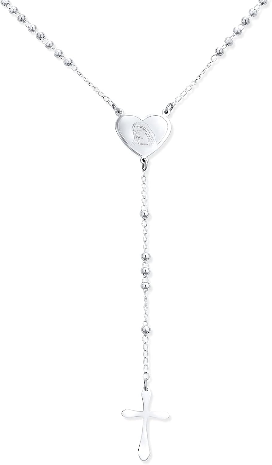 Bling Jewelry Religious Christian Dainty 2MM Round Ball Beaded Link Heart Holy Mother Virgin Mary Delicate Simple Cross Prayer Rosary Rosario Chain For Women Teen Silver Tone Stainless Steel