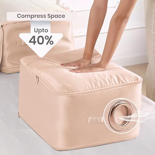 Image of Yellow Weaves Space Saving Self Compression Organizer Bag for Comforters, Blankets, Clothes, Travel, Storage Bag for Wardrobe, No Vacuum Needed, 2 Layer, Large (Pack of 3), Peach