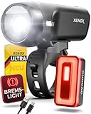 LED Fahrradlicht Set XENOX mit Bremslicht, 14h Akkulaufzeit & USB-C aufladbar - Fahrrad Licht vorne mit automatischer Lichtanpassung - Fahrrad Rücklicht 650m 270° Sichtbarkeit, werkzeugfreie Montage