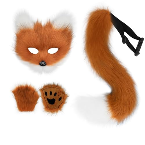 HAOAN Faux Fur Cat Masks Fox Tail and Paw Gloves Set Plush Halloween Parties Cosplay Costume Accessories