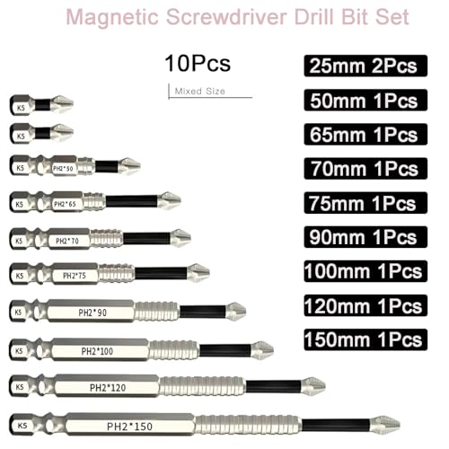 10 Pack PH2 Phillips Bits Set, High Magnetic Screwdriver Drill Bit Set, Anti-Slip S2 Alloy Steel, 1/4'' Hex Shank K5 Impact Bits, 25 50 65 70 75 90 100 120 150mm by Otcboimo - Image 3