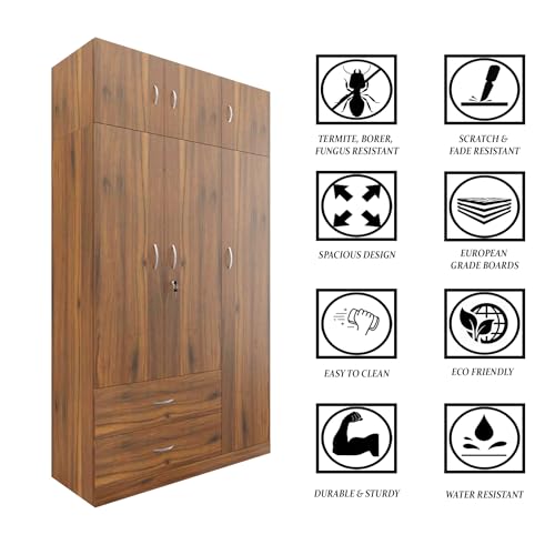 Image of VIKI Wardrobe | Wooden Almirah for Clothes,Door for Bedroom, 3 Door Loft Wardrobe with Drawer & Hanging Space (Brussel Walnut - 40D x 120W x 220H) | 1 Year Warranty | Free Assembly