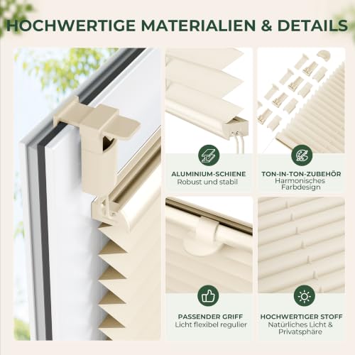 Allesin Plissee ohne Bohren Plissees Klemmfix Beige 55x160cm(BxH), Plisseerollo Faltrollo mit Klemmträger… – Ansicht 2