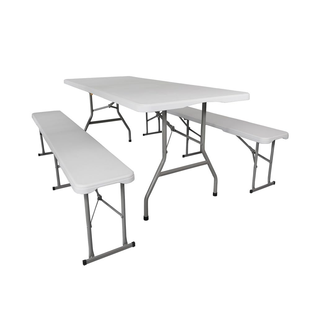 Oxeo Ensemble Table et Bancs de Jardin Pliants - Table Pique-Nique + 2 Bancs Camping - Blanc