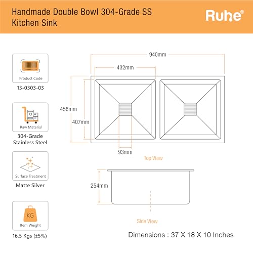 Image of Ruhe Handmade Double Bowl Kitchen Sink - 37x18x10 inches | 304-Grade Stainless Steel Sink | Brushed Matte Finish | Including Couplings, Waste Pipe, Sink Connector & Vegetable Washing Basket