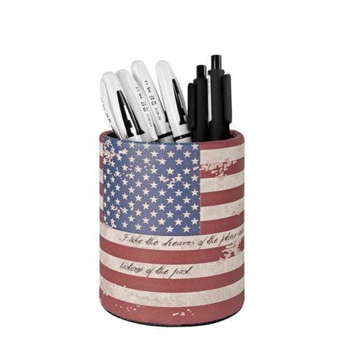 Image of Pen Pencil Holder Cup Container PU Leather Desk Organizer Stand Decor Brush Scissor Holder Decoration Office Desk Home School (3.3 inch x 3.3 inch x 4 inch, US Flag)