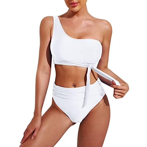 Pink Queen Women's One Shoulder High Waisted Bikini Set Two Piece Tie Ruched Swimsuit Small White