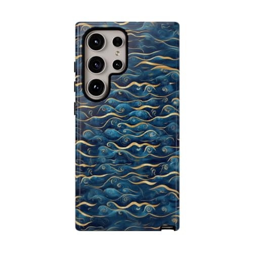 Coque Samsung S24 Ultra rigide brillante à motif vague bleue et dorée