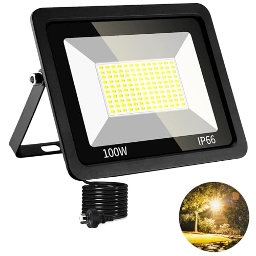 100W LED Flood Light, 10000lm 3000K Warm White Exterior Flood Lighting with Plug, IP66 Waterproof Outdoor Indoor Floodlight Fixture Landscape Security Light for Yard, Garden, Garage, Backyard
