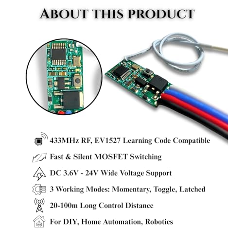 Image of ROBOWAY 1Pcs QIACHIP 433MHz Wireless RF Receiver Module with MOSFET Output, DC 3.6-24V Remote Control Switch, EV1527 Learning Code, 1 Channel (Pack of 1)