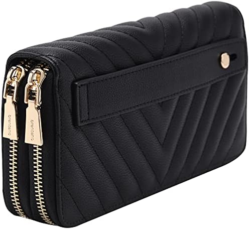 B BRENTANO Vegan Leather Double Zipper Pocket Wallet with Grip Hand Strap (Chevron Embroidered Black)