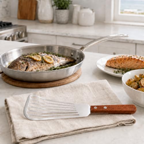 Image of Maine Man Angled Fish Spatulas, 18 /8 Stainless Steel Blades, For Delicate Foods, Draining Liquids, And Everyday Cooking, Set Of 2