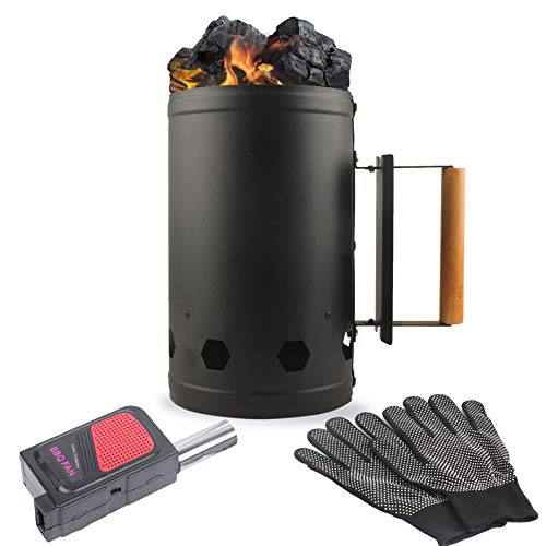 Eau Black Charcoal Chimney Starter, 11x6.5 Inch Chimney Starter with Set Fireplace Accessories for BBQ Charcoal Grill Briquette Coal Fire Starter Chimney, Quick Rapid Fire Briquette Charcoal Starters