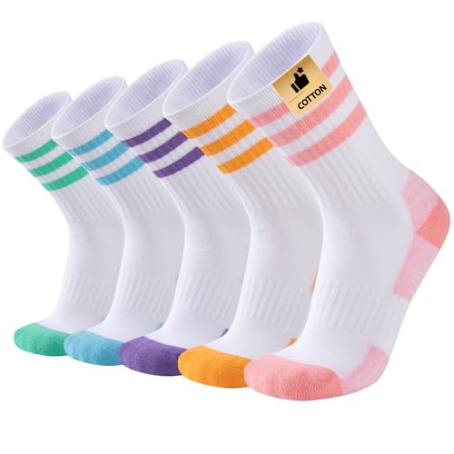 COOPLUS Womens Athletic Crew Socks Cushioned Cotton Wicking Outdoor Recreation Sports Calf Socks 5 Pairs