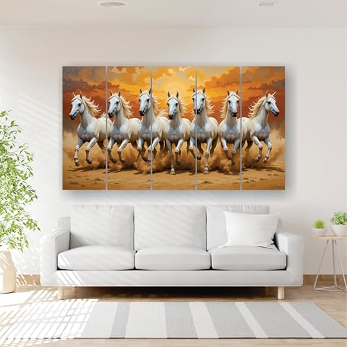 Image of RAVLEX Running Horse Wall Painting for Living Room, Wooden Framed UV Printed Wall Art for Bedroom, Office, Hotel and Drawing Room, Multi Panel Decorative Painting, 24 x 48 Inch