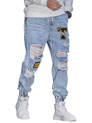 WDIRARA Men's Cut Out Ripped Letter Patched Jeans Frayed Zipper Fly Long Denim Pants Straight Leg Slim Fit Trousers