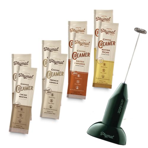 PRYMAL Sugar Free Coffee Creamer - Deliciously Keto, Low Carb & Non Dairy - Variety 8 Satchets (4 Flavors) + 1 Frother - Powder Creamers with MCT Oil