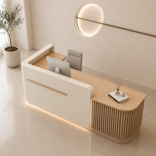 Image of Luxury Curved Reception Desk with Fluted Side Panel and Extended Counter for Office Lobby, Salon, Spa, Clinic, Hotel - (RCT-200 MDFL L8W2)