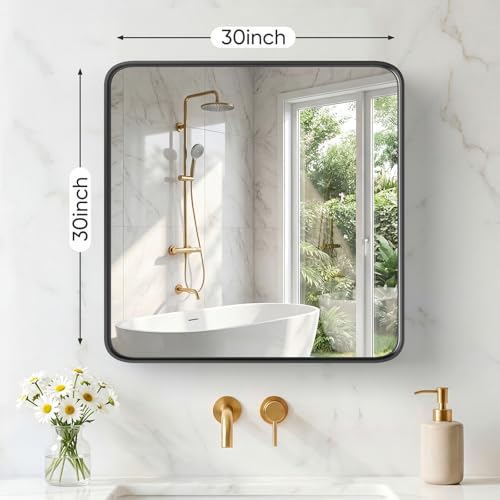 Image of Sweetcrispy Bathroom Mirror 30x30 Inch Metal Framed Rounded Rectangle Vanity Mirror for Wall, Over Sink, Farmhouse, Restroom, Anti-Rust, Modern Decorative, Horizontal or Vertical Hanging, Black