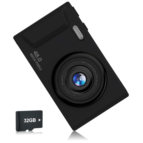Digitalkamera, FHD-Kamera mit 32-GB-Karte, Umhängeband, 16-facher Zoom, Anti-Shake, 48 MP, kompakt, tragbar, kleine Punkt-Kamera, Geschenk für Studenten, Kinder, Teenager, Dunkelschwarz, 4 K