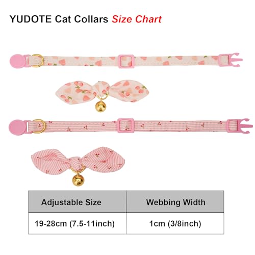 YUDOTE Weiches Baumwoll-Katzenhalsband mit Abnehmbarer handgebundener Fliege, 2er Pack Kätzchenhalsbänder mit Schnellverschluss und Glocke für weibliche Katzen zum Anziehen,Rosa Kirsche