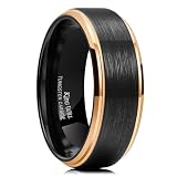 King Will 8mm Mens Black and Rose Gold Wedding Band, Brushed Two Tone Tungsten Carbide Ring Step Edge Polished Finish Rings, Comfort Fit, Size 10
