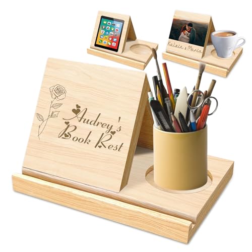 Personalized Wooden Book Rest with Cup Holder Custom Solid Oak Desktop Book Holder Stand for Page Rest Gifts for Readers Teachers Writers Home Decor