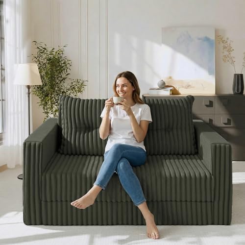 Image of HABUTWAY 41.3 inch Loveseat Boneless Couch, 4-in-1 Convertible Sofa Bed, Plush Fur Folding Futon Sofa Bed Couches with a Pillow for Living Room, High-Density Foam Support, No Assembly Required, Green