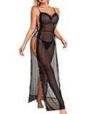 Avidlove Women Lingerie Sexy Nightgowns Lace Babydoll Mesh Sleepwear Long Lingerie Dress Side Split Nightdress Black M