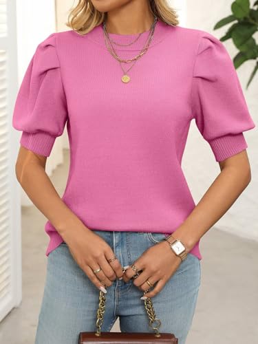Image of Ahtyeo Women's Puff Short Sleeve Sweater Tops 2025 Spring Summer Trendy Crew Neck Casual T Shirts Pullover Blouses
