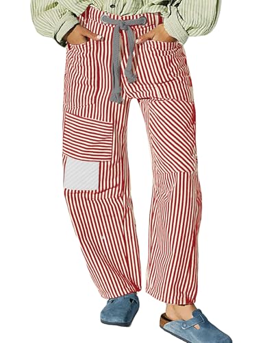 Baggy Barrel Jeans for Women High Waist Horseshoe Wide Leg Y2k Striped Drawstring Vintage Patchwork Boyfriend Denim Pants