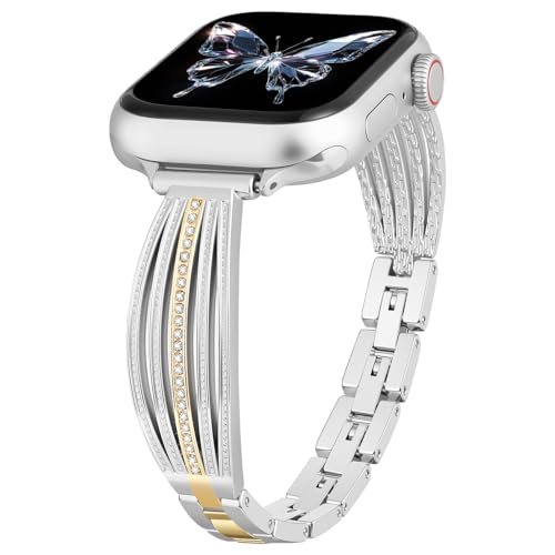 Image of AIRSPO Slim Gold Band Compatible with Apple Watch 38mm 40mm 41mm 42mm 44mm 45mm 46mm Women Thin Metal Strap Dressy Jewelry Bracelet with Bling Diamond for iWatch Bands Series 11 10 9 8 7 6 5 4 3 SE (Silver and Gold-02, 42mm /44mm /45mm /49mm /46mm(Series 10))