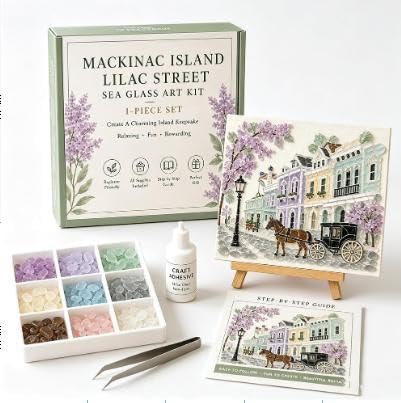 YILCER DIY Sea Glass Art Kit for Adults, Lighthouse Mosaic Craft Kit with Wooden Easel & Supplies, Coastal Wall Decor, Beginner Friendly Relaxing Keepsake Gift(Mackinac Island)