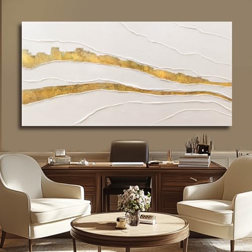 Image of VAYIMDH Canvas Abstract Art White Large Wall Decorations for Living Room Gold Foil Abstract Wall Hanging Oil Painting for Office 29 inchx 58 inch Home Decor
