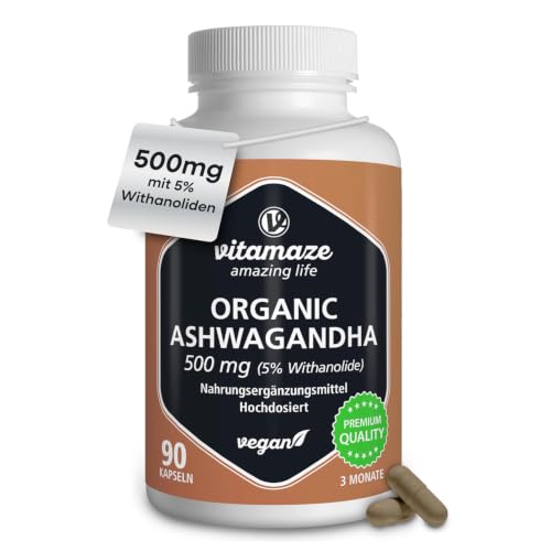 Ashwagandha Kapseln hochdosiert - KSM-66® - min. 5000mg reines Ashwagandha aus 500mg Extrakt (10-15:1), 5% Withanolide, 90 vegane Kapseln für 3 Monate mit Ashwagandha Wurzelextrakt, hoch bioverfügbar