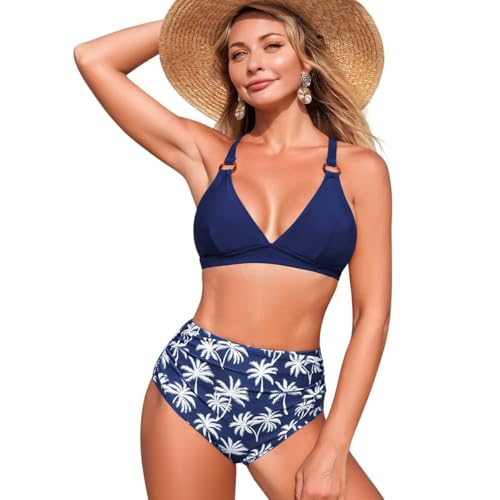 Image of Sillictor Womens High Waisted Bikini Set with Cross Back Tie Closure,V Neck Bikini Sets for Women Swimming Costume 2 Piece Tummy Control Swimwear,Ladies Padded Support Push Up Swimsuit 5076 Navy L